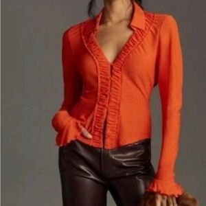 Anthropologie Orange Ruffled Blouse